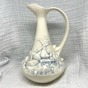 Vintage Windmill Sea Bell Ceramics 70s Blue and White Relief Small Pitcher Vase